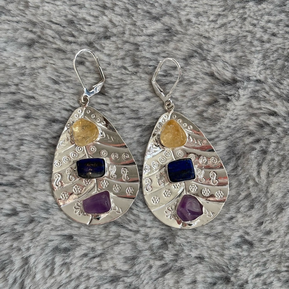 Citrine Lapis Amethyst Sterling Silver Filled Artisan Made Earrings